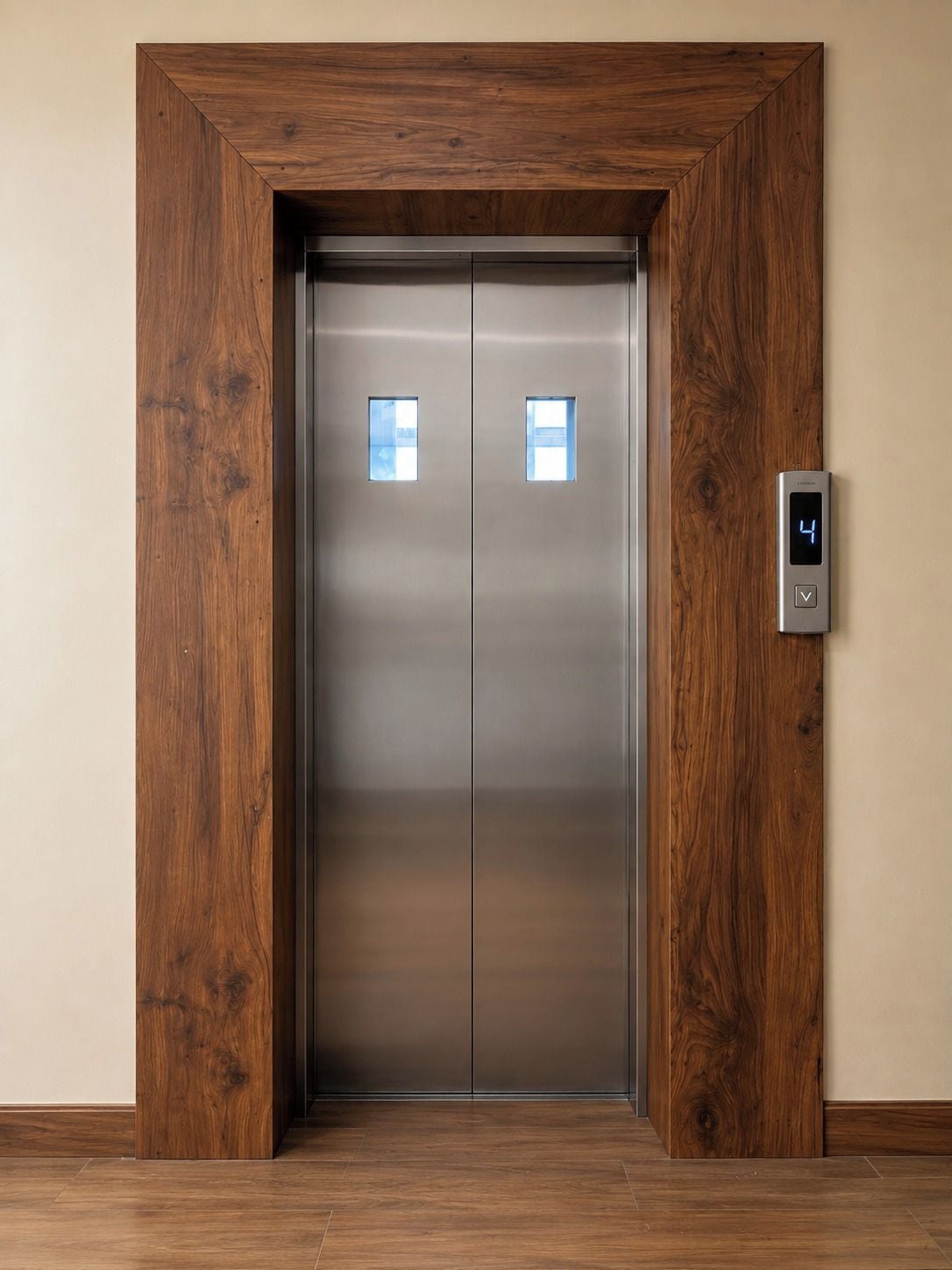 Un ascensor moderno con estructura de madera y pantalla digital que muestra el número 4.