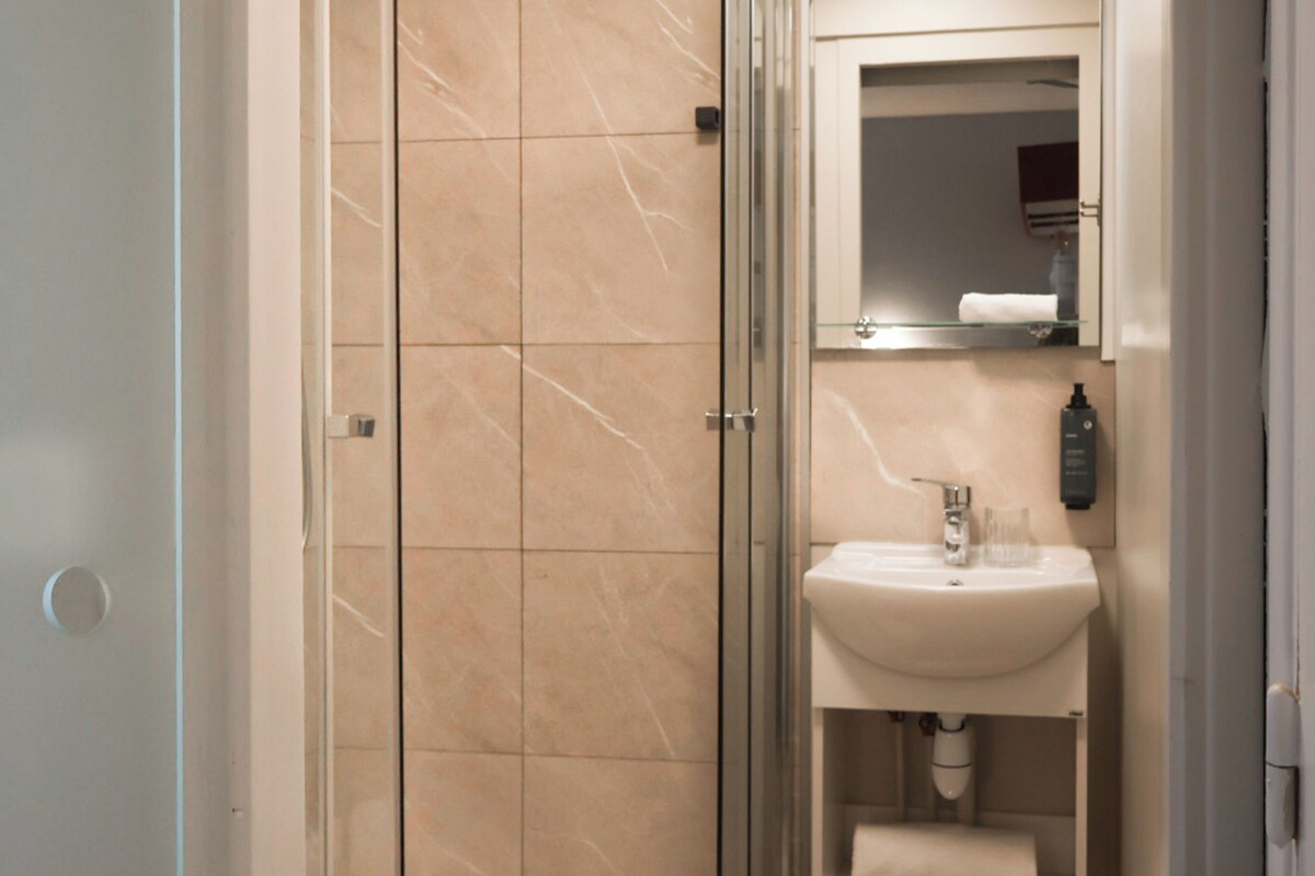 A modern bathroom with a glass-enclosed shower, a white sink, and a mirror above the sink.