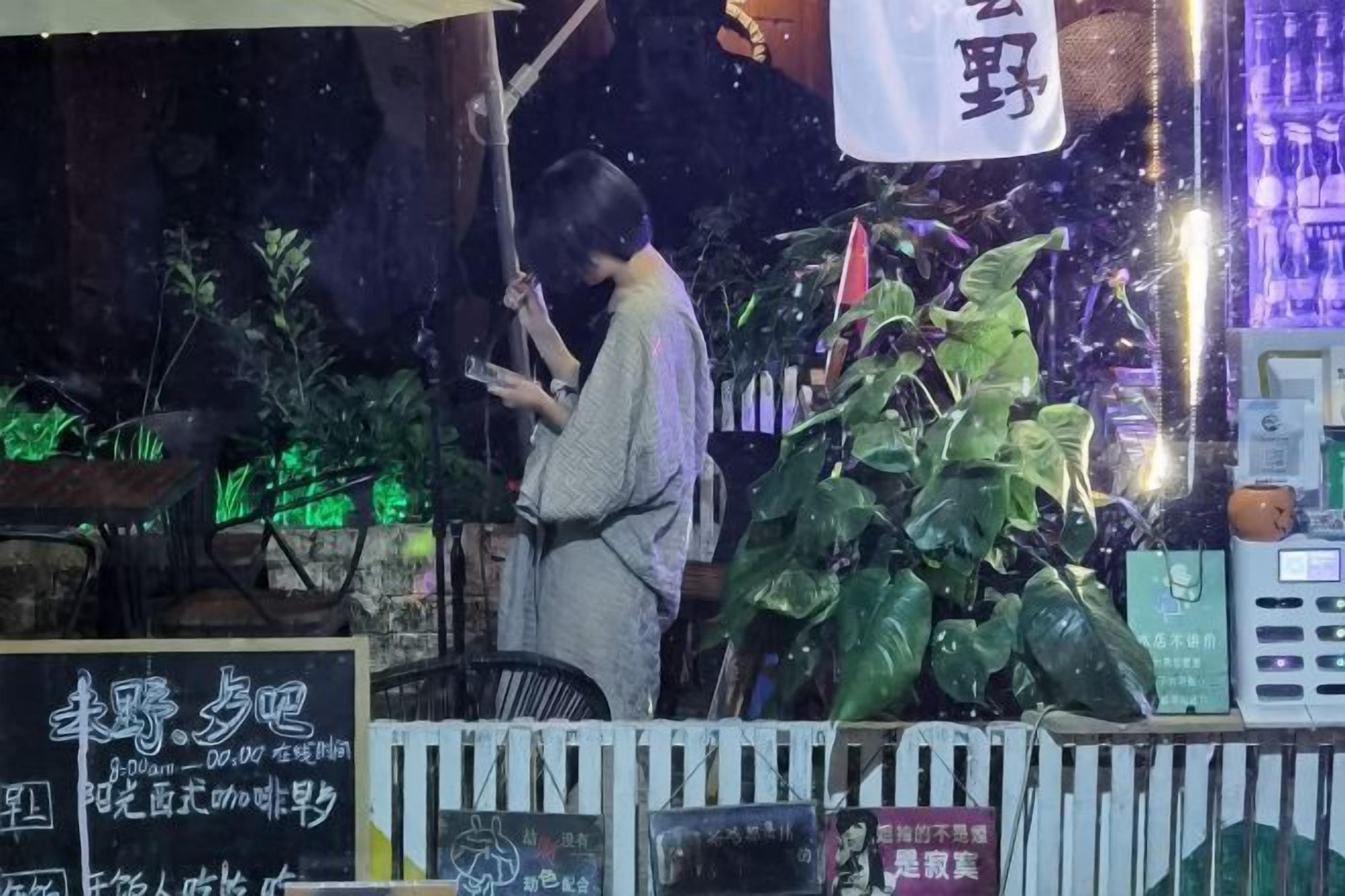 A person standing at a counter with a sign above, possibly a menu or information board, and a large plant to the side.