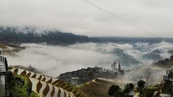 Terraced fields, a power line, and a village in the valley.