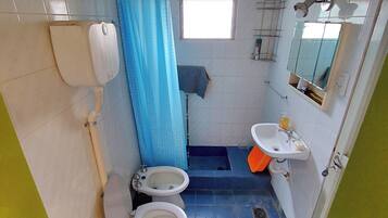 Hair dryer, bidet, towels, toilet paper