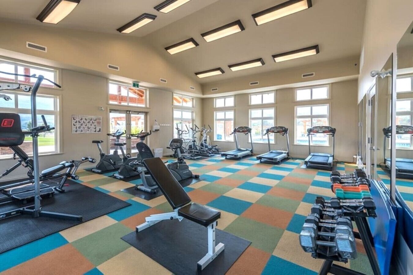 A gym with treadmills, elliptical machines, a bench, and dumbbells.