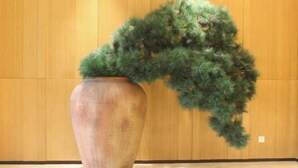 A large vase with a green plant arrangement against a wooden wall. - JI Hotel (Shanghai Hongqiao National Exhibition and Convention Center) (Shanghai)