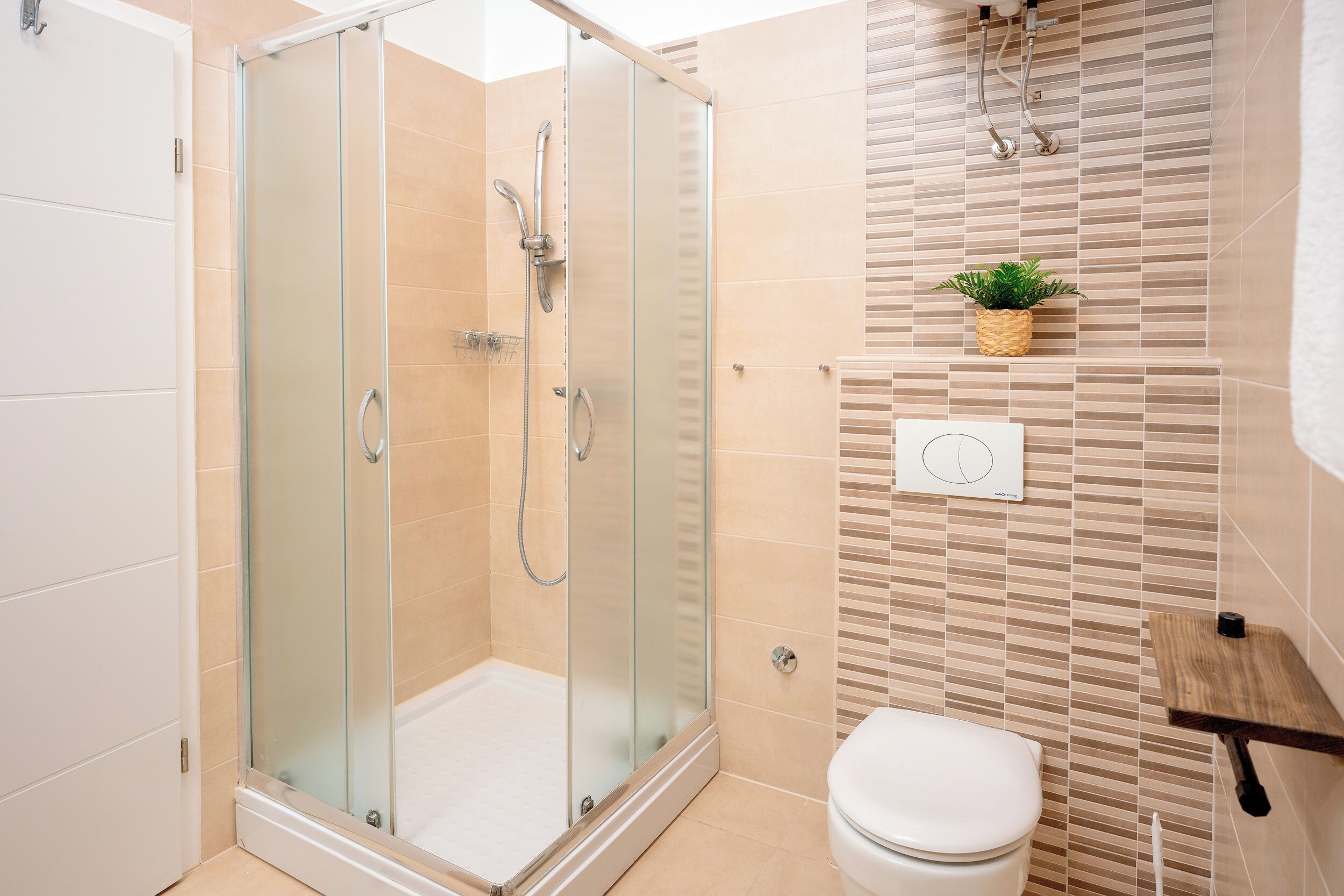 A modern bathroom with a glass-enclosed shower, a toilet, and a wall-mounted shelf with a plant.
