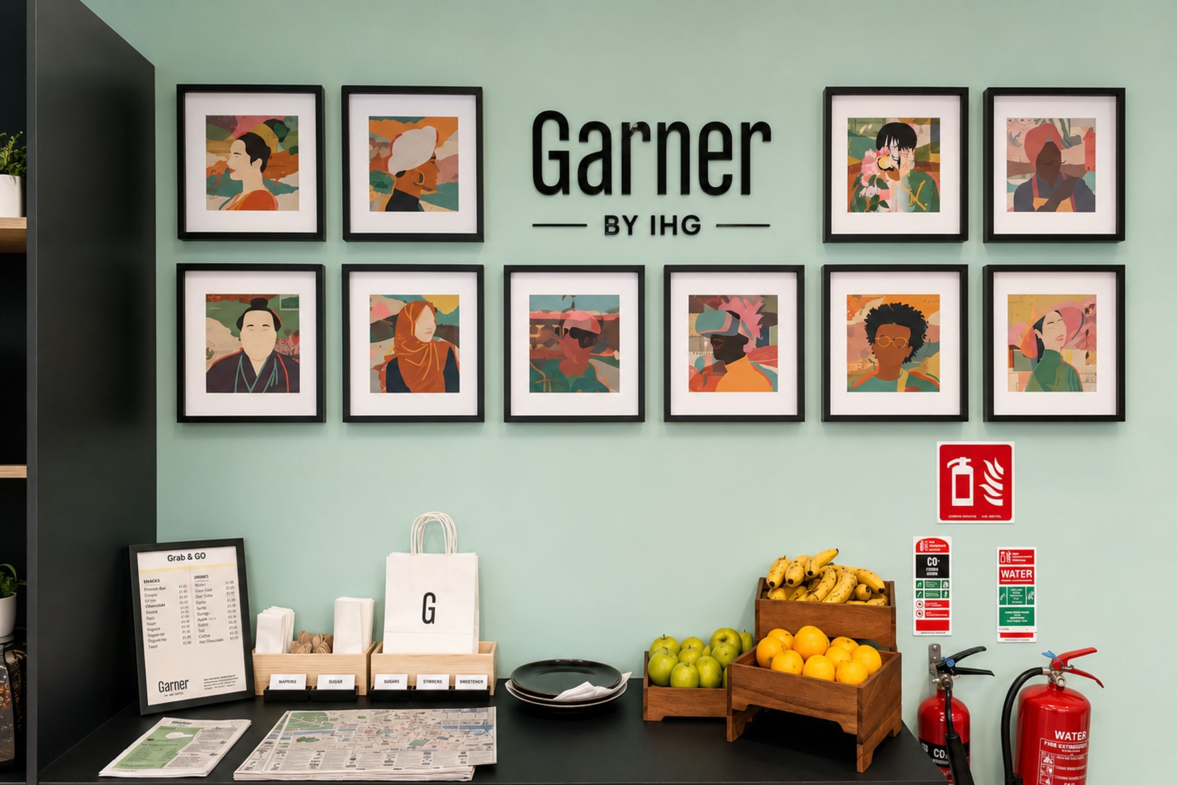 Eine Wand mit gerahmten Kunstwerken, einem Feuerlöscher und einer Theke mit einer Obstschale.