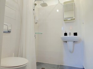 Bathroom features a toilet, shower enclosure, sink with soap dispenser, and mirror.