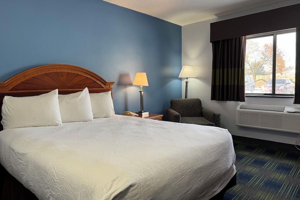 A hotel room with a large bed, two bedside lamps, a chair, and a window with a view of parked cars.