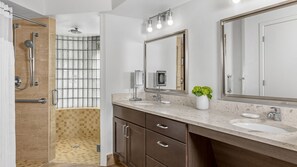 Shower, jetted tub, hair dryer, towels