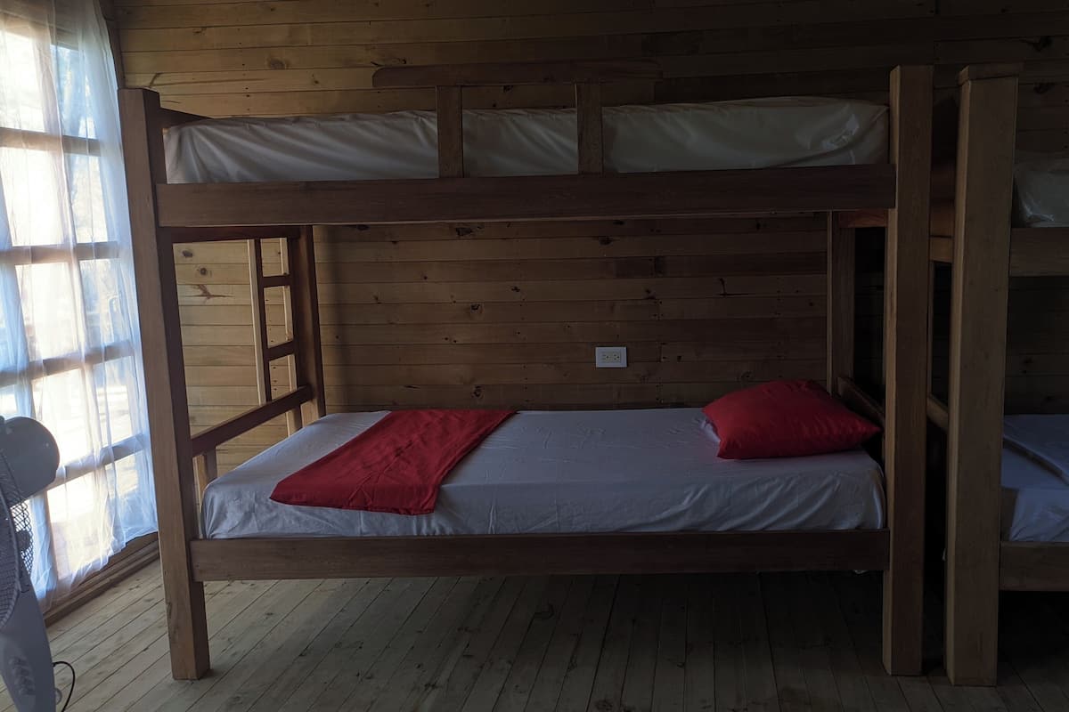 A bunk bed room with wooden walls and a window.