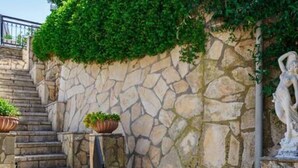 A stone staircase leading up to a stone wall with greenery and a statue. - Villa Angeliki by Tsiolis family ★ 30m from beach (Katavolos)