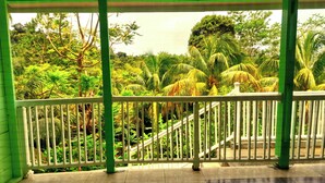 Un espacio al aire libre cubierto con piso de baldosas y barandilla blanca, con vista a un jardín exuberante con diferentes árboles y plantas.