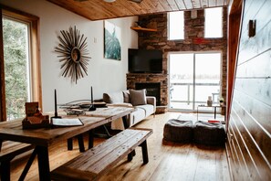 Una televisión, una chimenea, libros