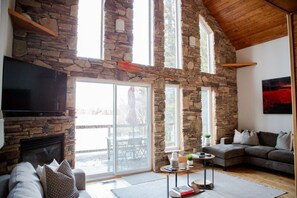 TV, caminetto, libri