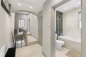 Shower, hair dryer, shampoo