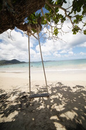 A beach scene with a swing under a tree, clear sky, and calm sea. - Edith T2 design, la plage à 200m
(Sainte-Luce)