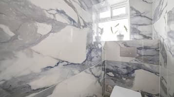 Secador de cabelo, toalhas de banho, sabonete, shampoo