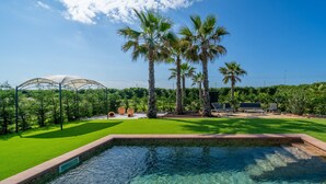 Une piscine à l’eau d’un bleu limpide, entourée d’une pelouse bien entretenue et de palmiers.