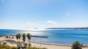 Una playa con palmeras, cielo despejado y una montaña distante.