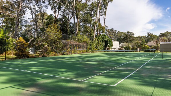 Un court de tennis doté d’une surface verte, entouré d’arbres et d’une clôture.