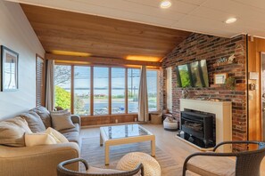 Smart TV, fireplace, books