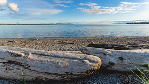 A beach with driftwood and pebbles, calm water, and distant land under a clear sky.