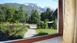 A view from a window overlooking a mountain landscape with a paved path leading to a building. - Apartments Jakelj (Kranjska Gora)