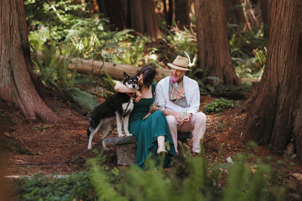 A couple sitting on a stone bench in a forested area with a dog.