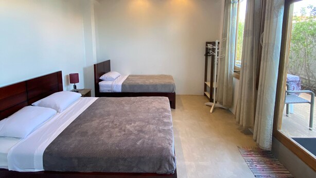 A hotel room with two beds, wooden ceiling beams, a large window with curtains, and a view of the outdoors. - Black Pearl (Puerto Villamil)