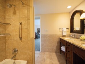 Shower, jetted tub, hair dryer, towels