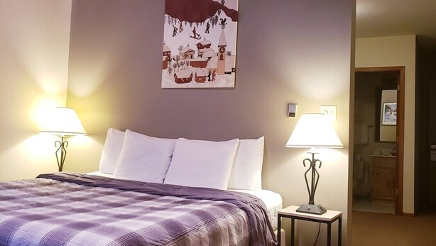 Habitación de hotel con cama, dos lámparas de noche, un cuadro de un paisaje nevado de montaña y techo de madera.