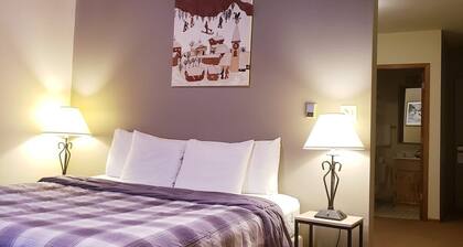 Private King Suite ideal for couples/romantic stays, and single travelers featuring a beautiful knotty pine vaulted ceiling. Dog friendly!