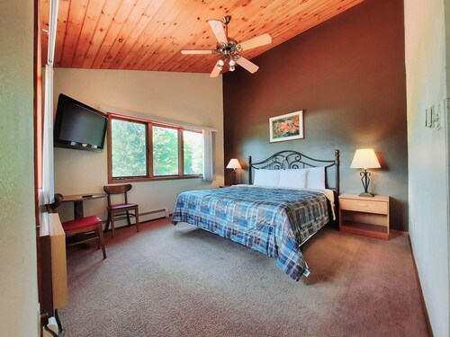 Private couples suite inside the Lodge at North Ironwood Acres resort with knotty-pine vaulted ceiling, one KING bed, sofa and one small bathroom. DOG FRIENDLY!!