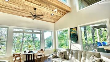 Smart TV, fireplace, DVD player, foosball