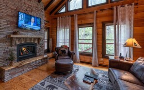 TV, fireplace, DVD player, books - Treehouse- Pet Friendly, Luxury Log Cabin Rental on Creek, Fly-fishing, Hot Tub, Rafting-Nantahala NC (Topton)