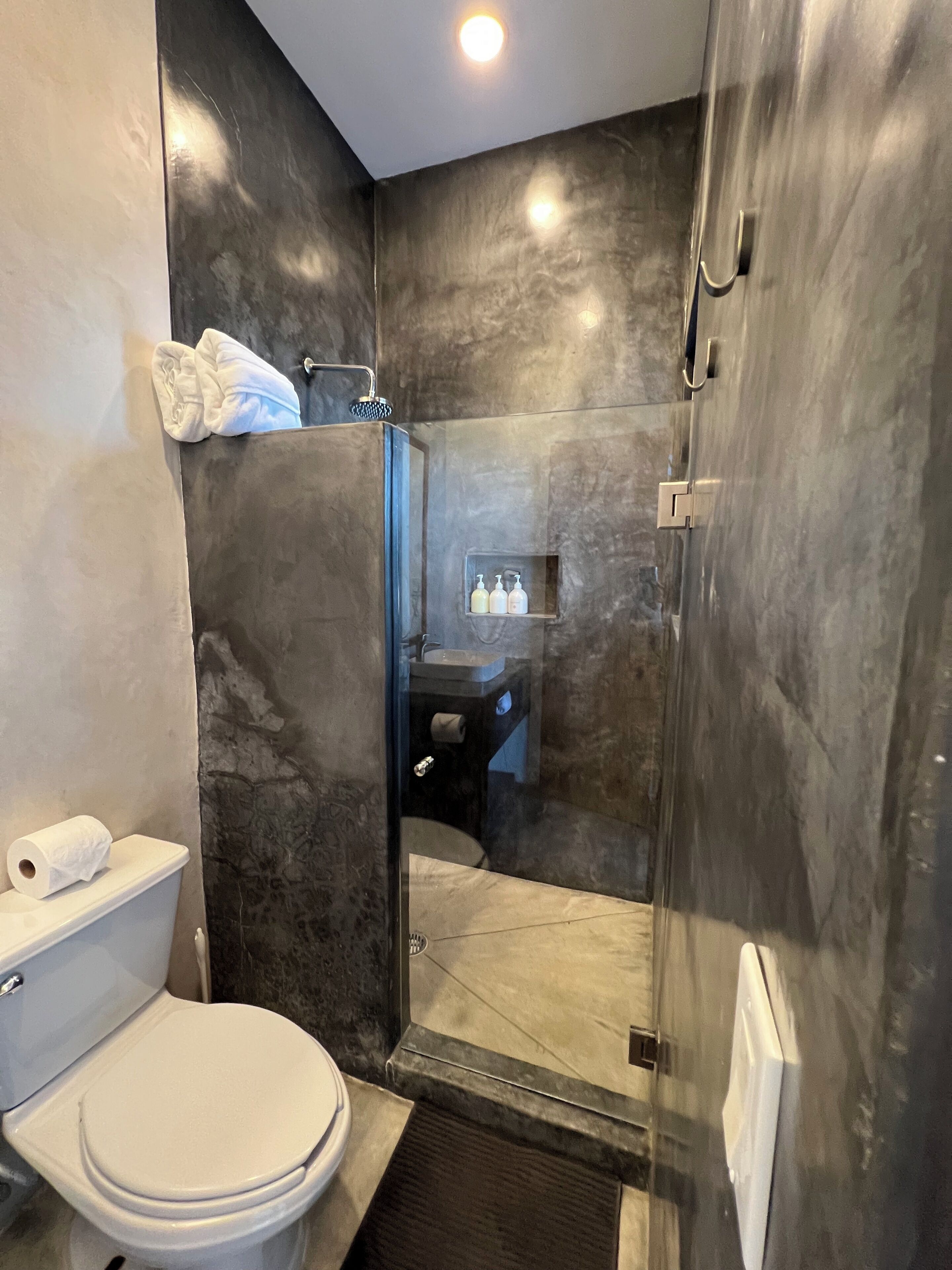 A modern bathroom with a glass-enclosed shower, a toilet, and a small shelf with toiletries.