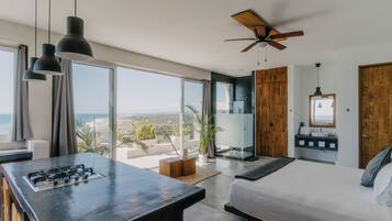 A modern bedroom with a large bed, a kitchen area with a gas stove, and a view of the ocean through large windows.