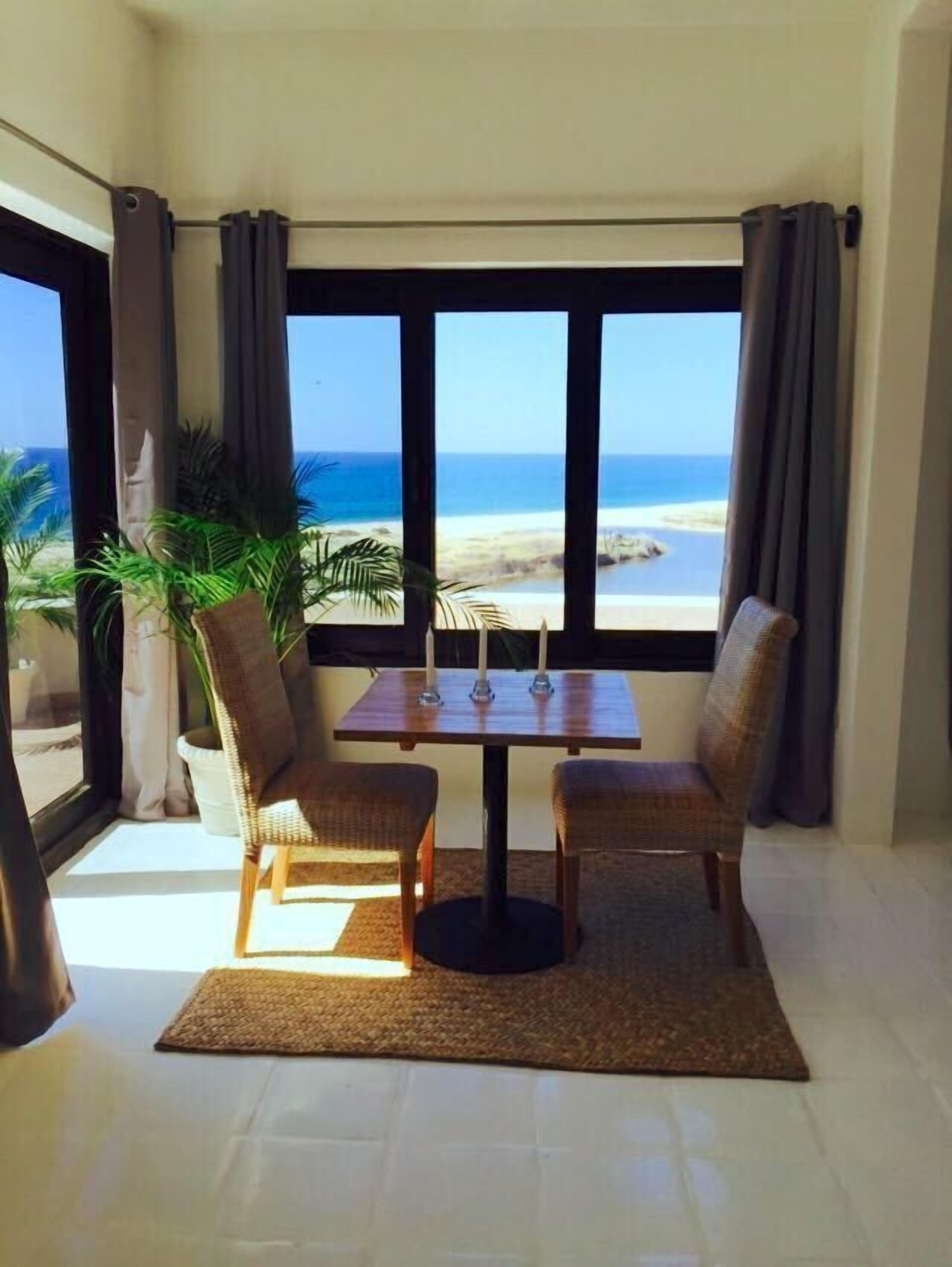 A room with a table and two chairs, a large window with a view of the beach, and a potted plant.
