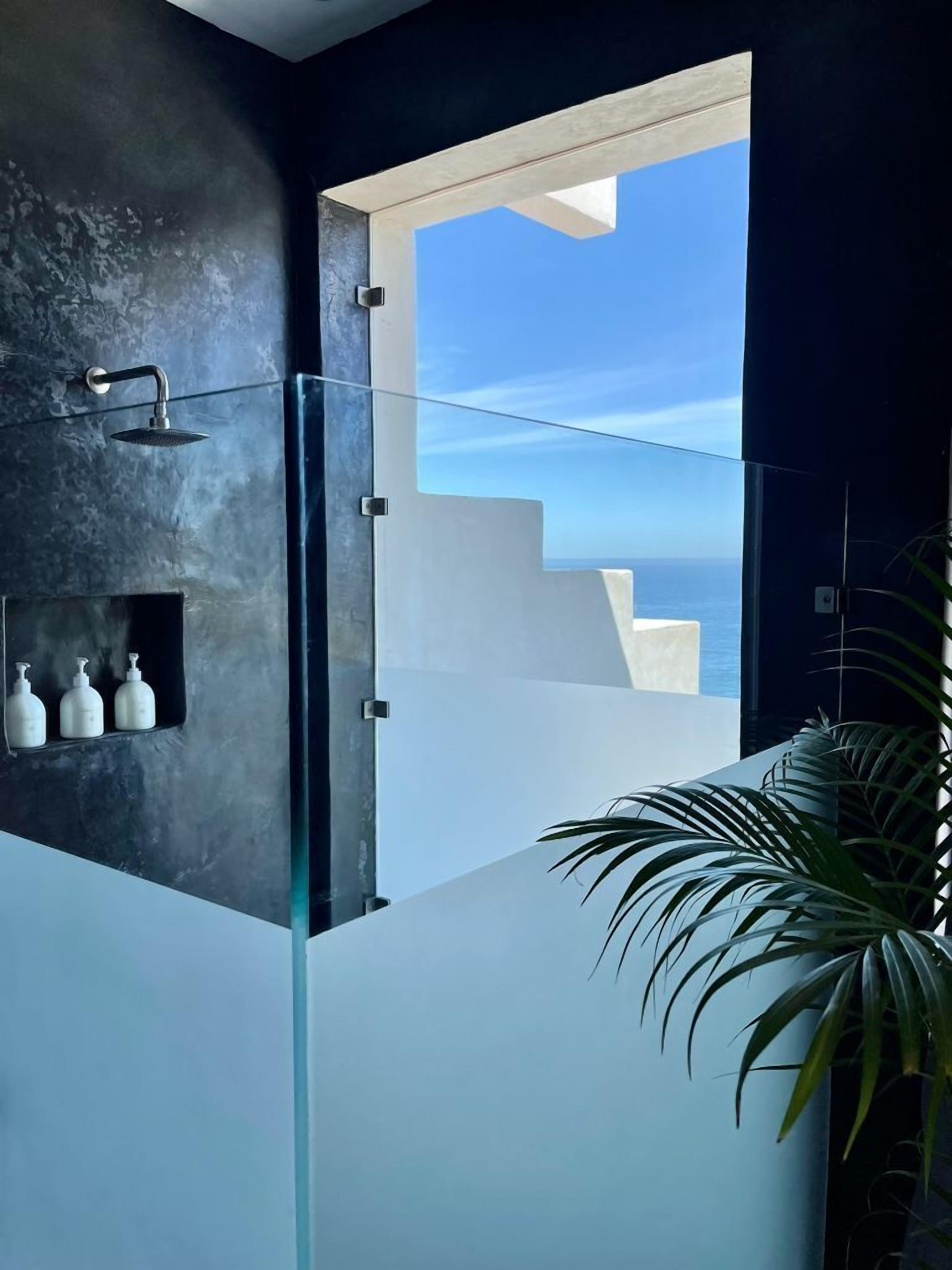 Un baño moderno con cabina de ducha de vidrio, una planta en maceta y vista al mar.