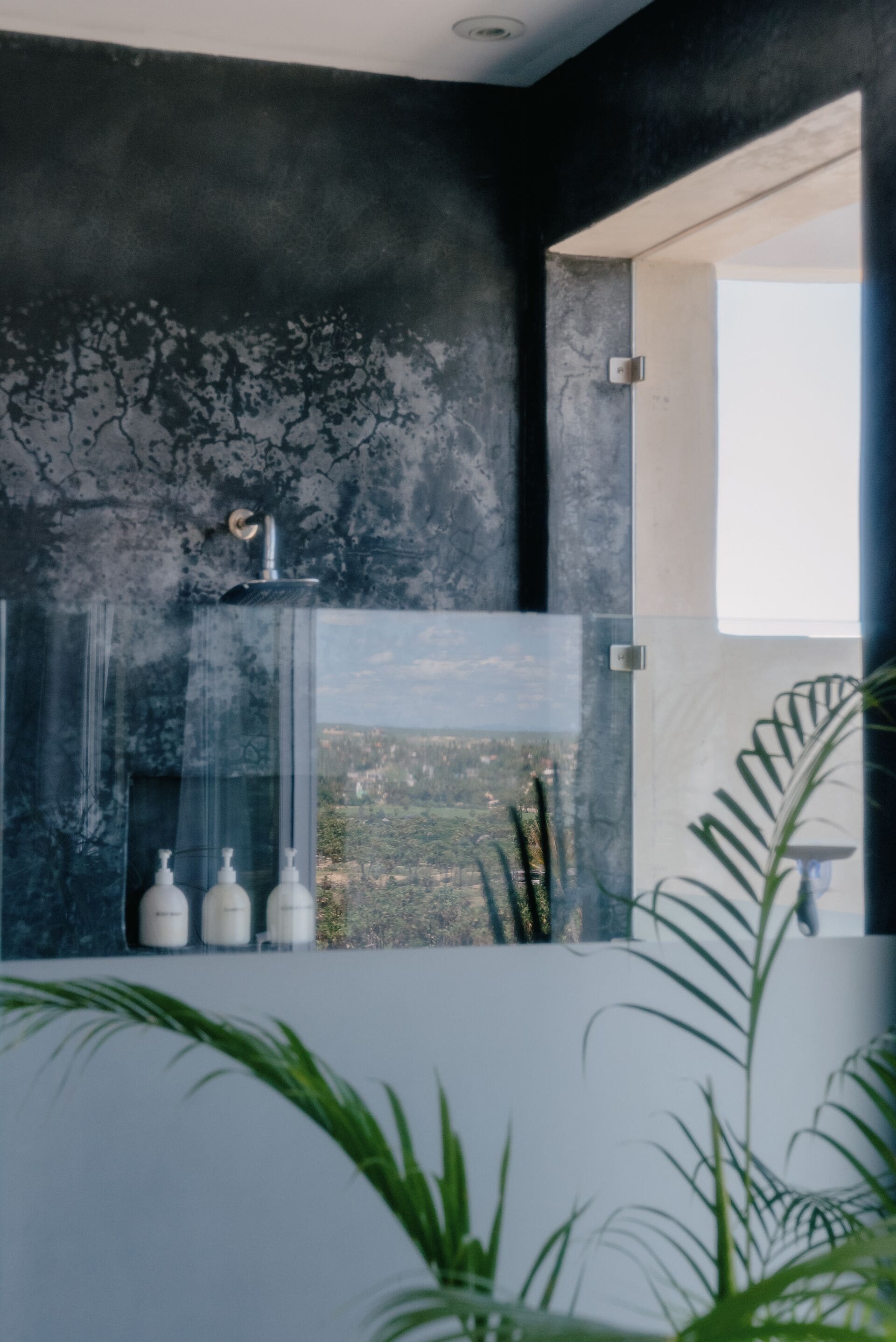 A bathroom with a large mirror, a view of a cityscape, and a plant in the foreground.