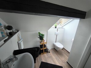 Une salle de bain moderne et compacte, dotée d’un puits de lumière, de toilettes blanches, d’un petit lavabo et d’un espace douche.