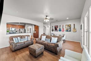 Smart TV, fireplace, foosball