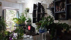 A room with a tiled wall, a wooden table with a spray bottle, glasses, and water bottles. There are potted plants and a shelf with figurines. - CASADALUCIA  POUSADA (Salvador)