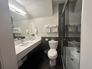 Hair dryer, towels, soap, shampoo