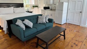 Un espace de vie compact comprenant un lit, un canapé vert orné de coussins à motifs, une petite table, un coin cuisine et une porte blanche.