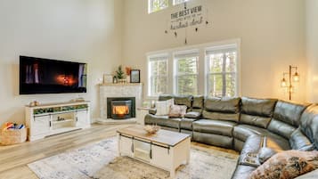 TV, fireplace, books