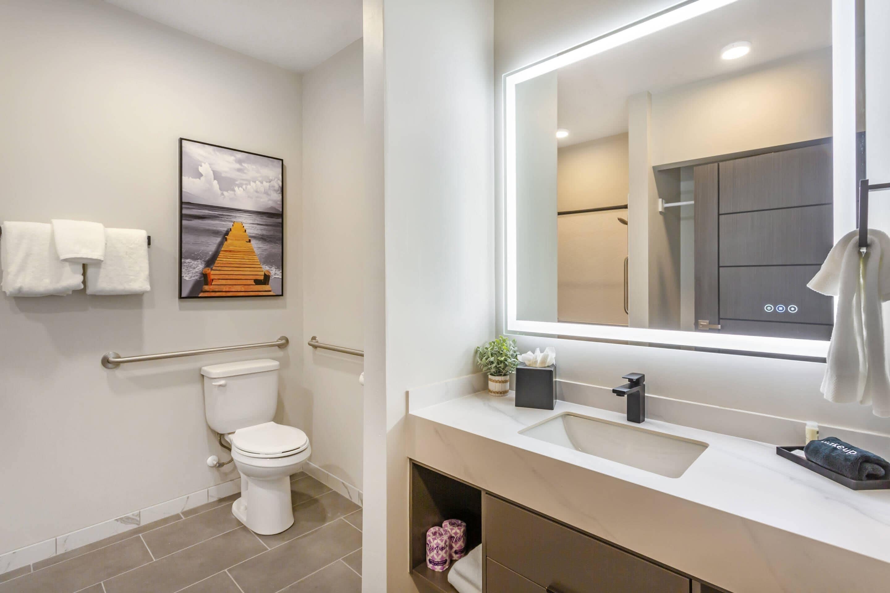 A modern bathroom with a toilet, a sink, a mirror, and a towel rack.