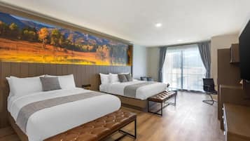 Desk, laptop workspace, blackout drapes, iron/ironing board