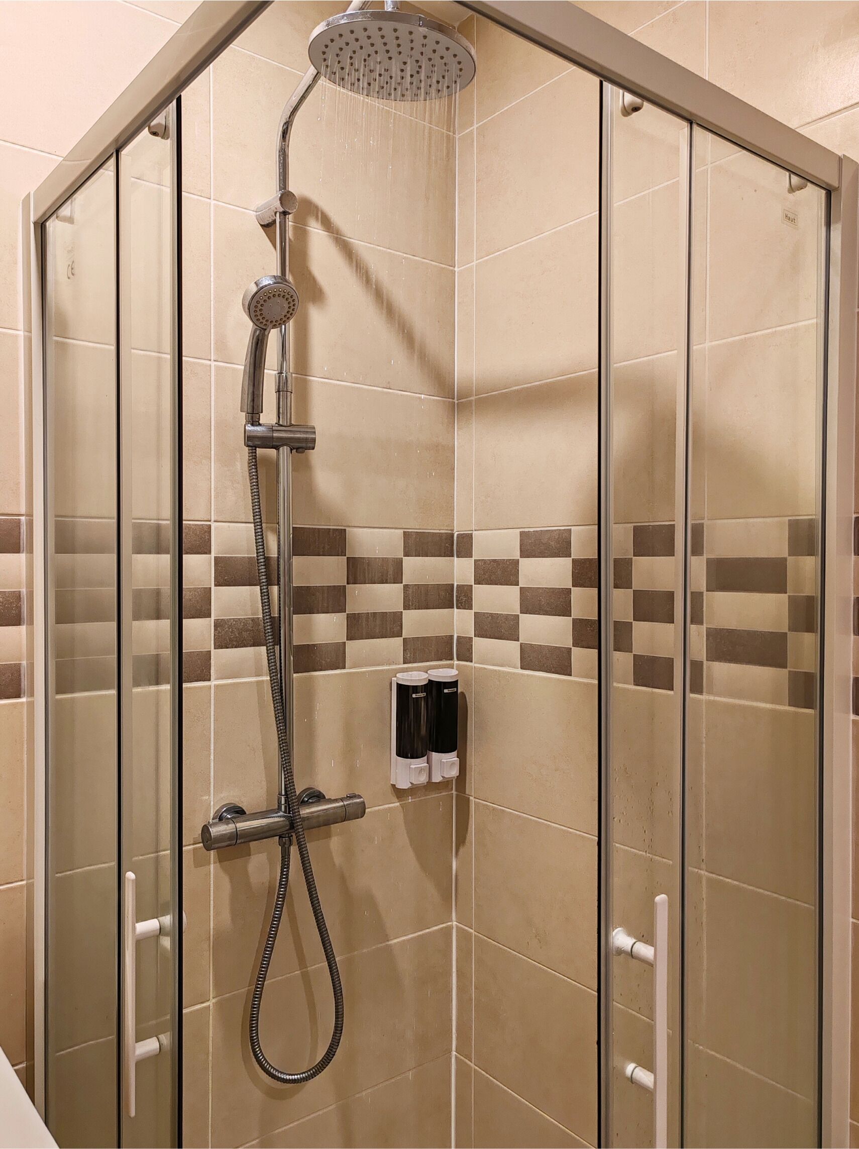 Une douche équipée d’un pommeau de douche à main et d’un panneau de commande fixé au mur.