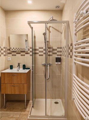 Hair dryer, towels, soap, toilet paper
