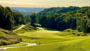 A golf course with rolling hills, a clear path, and a distant view of a forested area.